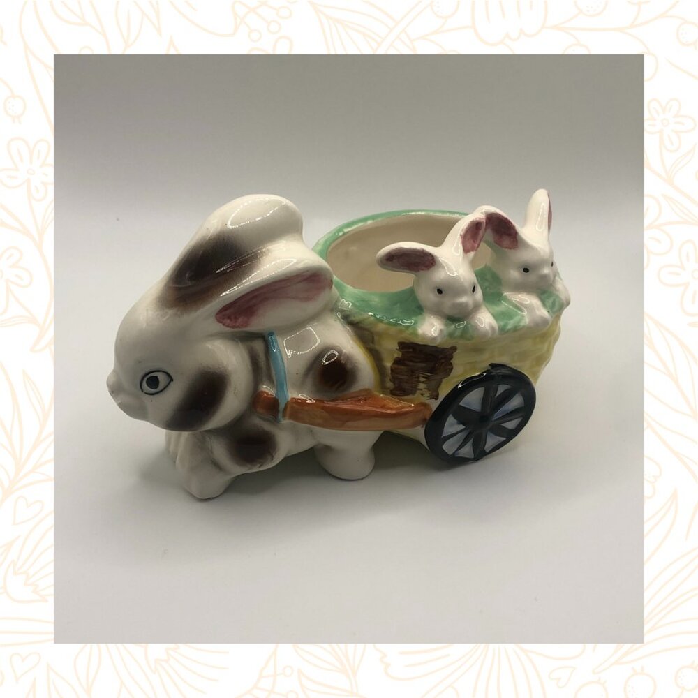 Ceramic Easter Bunny Rabbit Planter with Baby Bunnies in Cart - ESD Hand Painted